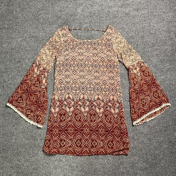 Xhilaration Tops - Xhilaration Tunic Top Red White Floral 3/4 Flare Sleeves Boho Cutout Chiffon  S
